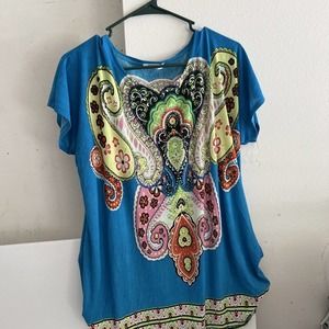 Julies Closet Women's Floral Blue Red Black Jersey Knit Top Blouse Sz L